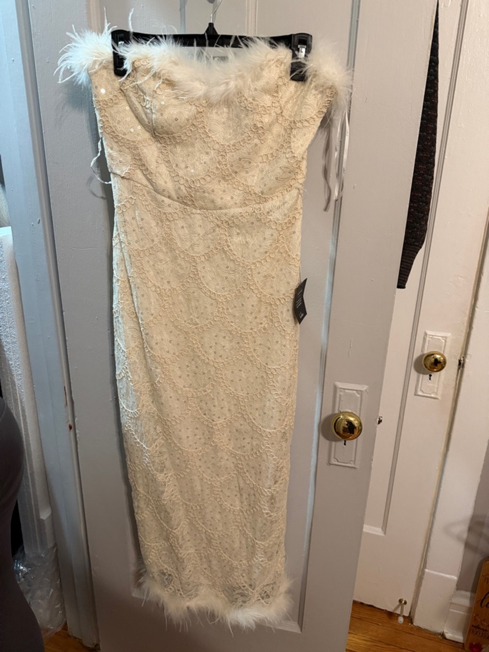 Lulu's Ivory Strapless Lace Maxi Dress with Feather Trim